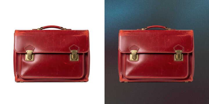 Vintage red leather briefcase with metal locks for office work themes.