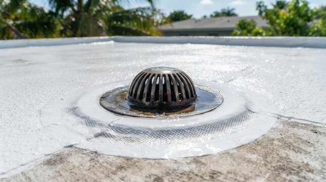 cool roof tropical building Roof drain with water pooling on flat rooftop under blue sky and trees