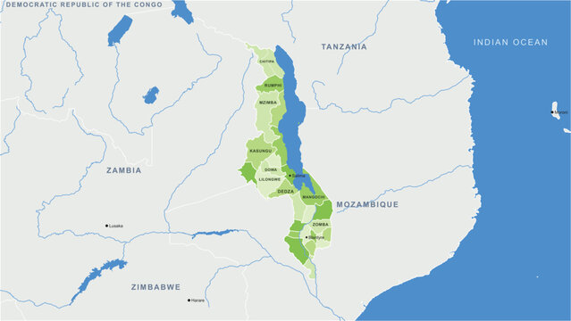 Map of malawi with administrative districts and lake malawi