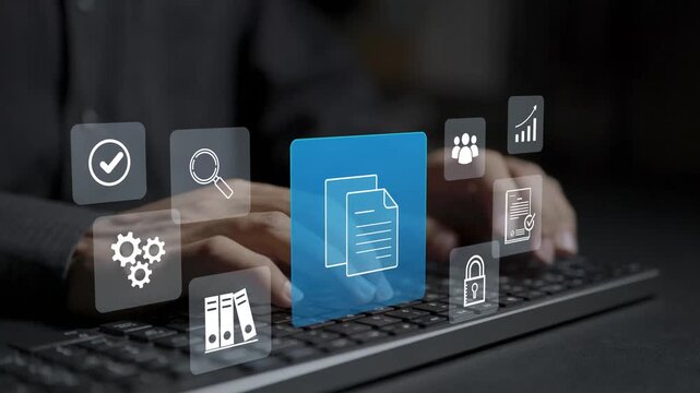 ERP and document management concept. Person typing on keyboard with enterprise resource planning, database folder and workflow integration icons, smart unified business system.