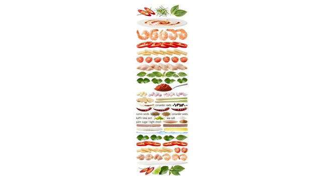 Vertical assembly of Thai red curry ingredients with shrimp, chicken, coconut milk, chili, and aromatic herbs isolated on a white background