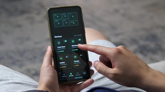 User manages smart home security devices on a smartphone, monitoring doors, windows, motion and garage access as connected living and home automation continue to grow.