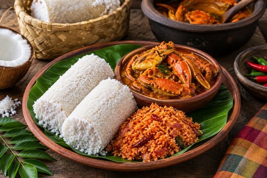 Authentic Srilankan style pittu with crab curry and pol sambal 