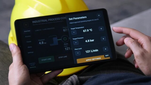 Industrial operator adjusts process settings on a tablet, highlighting smart manufacturing, live parameter control, and the shift toward agile, data-driven factory operations.
