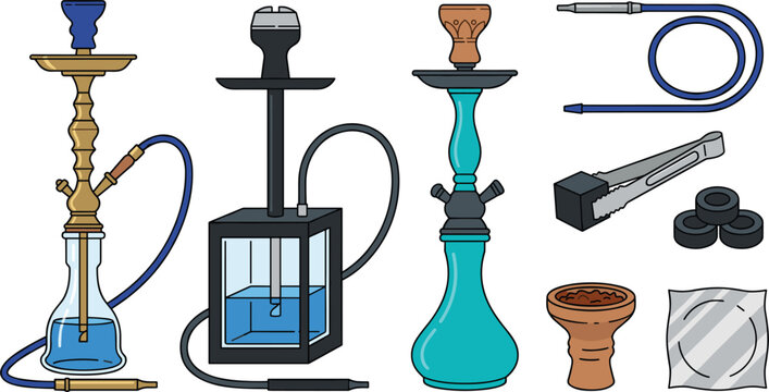 Hookah and Shisha Vector Element Set with Modern Glass Pipes Tobacco Bowls Charcoal Tongs and Smoking Accessories