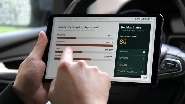 Business professional reviews a live budget report on a tablet in a car, highlighting executive finance control, department spending visibility and data-driven decisions.