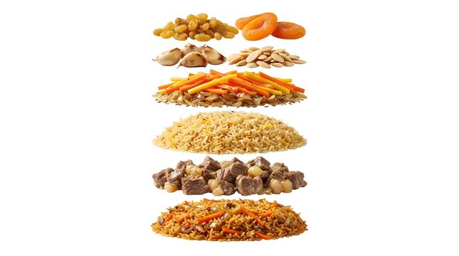 Exploded View of Traditional Tajik Osh Palov Ingredients and Layers Isolated on White Background for Culinary Food Photography and Menu Design