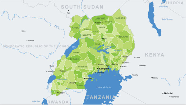Political map of uganda with administrative districts and major cities