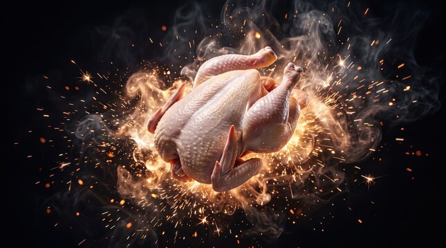 Roasted poultry emerging from explosive sparkling clouds of smoke