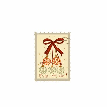 Hand drawn New Year postage stamp with festive winter illustration. Textured holiday design for greeting cards, stationery, gift wrapping, invitations and seasonal projects.