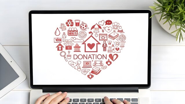 Heart shaped donation concept displayed on laptop screen viewed from top down flat lay perspective