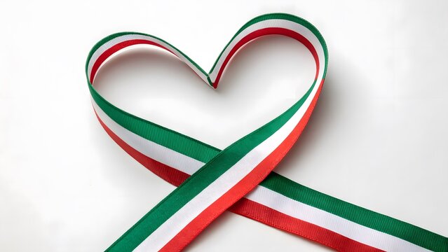 Heart shape created from vibrant green white and red striped fabric ribbon against plain white background