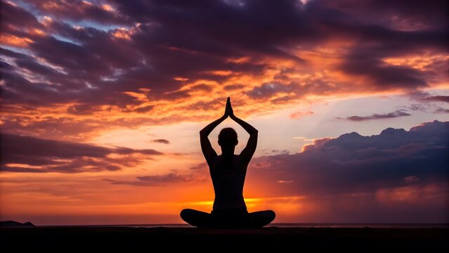 Silhouette of woman practicing yoga during a vibrant orange sunset on a calm ocean beach scene