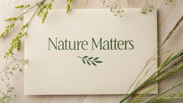 Nature matters slogan printed on cream paper decorated with beautiful green wild plants and dried grasses