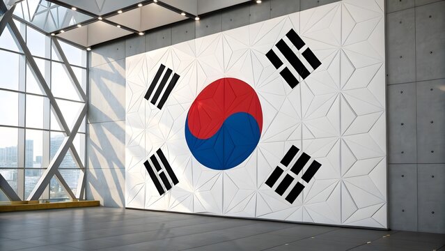 South Korea flag design featuring geometric white wall panels in a modern brightly lit office lobby