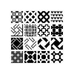 Fototapeta premium Set of 16 black and white pixel art patterns geometric grids, interlocking shapes, crosses, checkerboard motifs and repeating line designs, retro games, textures, tiles and digital backgrounds.