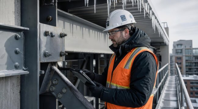Structural engineer inspecting icy steel beams on commercial building