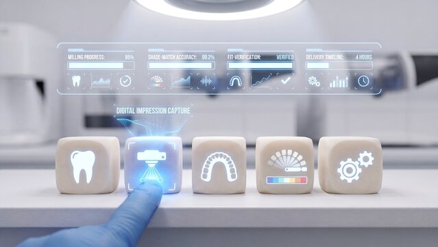 Digital dentistry and dental milling concept, technician monitoring CAD CAM prosthetic production, dental lab automation, precision healthcare technology, tooth impression capture