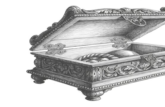 Antique ornate wooden jewelry box with detailed carvings open