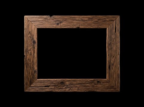 Rustic wooden picture frame featuring weathered dark brown oak planks set against a deep black background