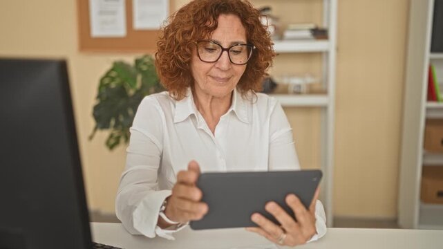 Woman holding a tablet with hands visible and smiling while offering the device in an office building; helpful support friendly.
