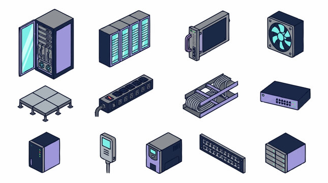 Minimalist Isometric of Modern Server Room Equipment and Networking Devices in Purple Gray and Teal