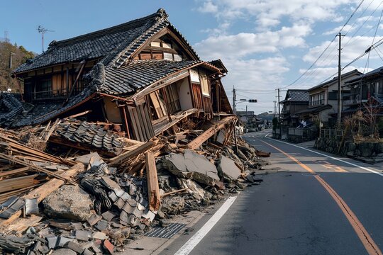 震災被害で家屋が倒壊し瓦礫で塞がれた道路の様子