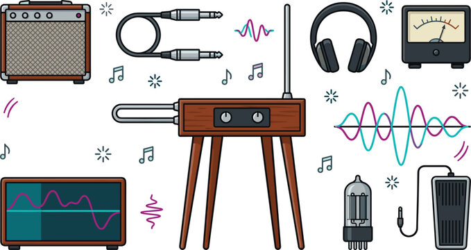 Retro Theremin Musical Instrument Icon Set with Guitar Amplifier Headphones Vacuum Tube and Audio Waveform Vector Illustration