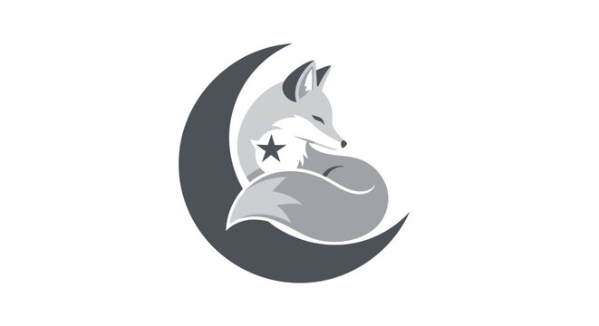 Stylized fox curled up on a crescent moon with a star emblem, minimalist logo design, nocturnal animal illustration