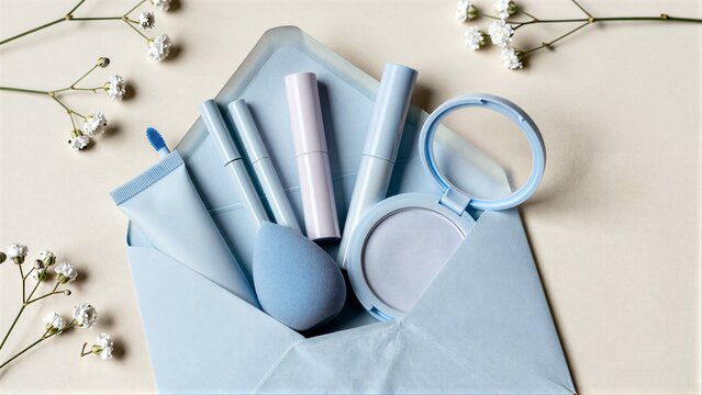 Blue makeup kit nestled in an envelope with delicate white flowers.