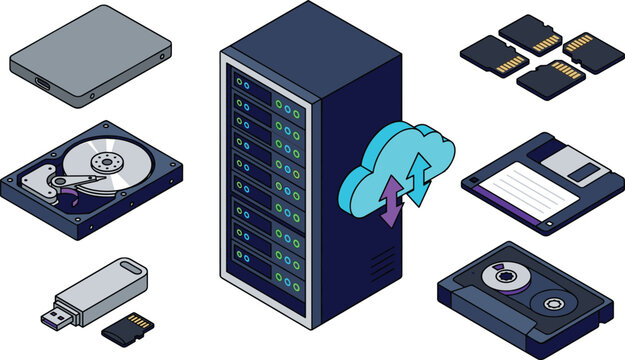 Isometric Data Storage and Cloud Server Icon Set with Hard Drive Flash Memory Card and Floppy Disk Vector