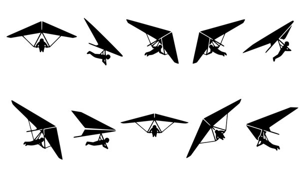Hang Glider Action Poses Extreme Adventure Sport Silhouette Vector Set