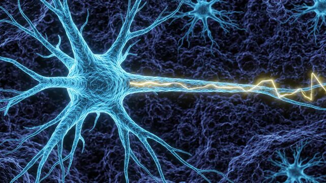 Brain cell with a subtle electrical signal slowly traveling along one defined cellular extension, the neuron structure remains completely unchanged throughout the shot