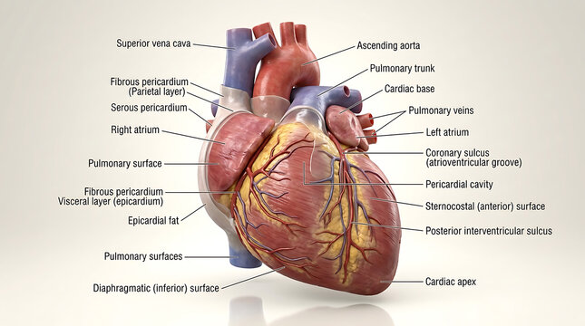 3D Photorealistic Complete Human External Heart Anatomy with Chambers Vessels Pericardium and Sulci
