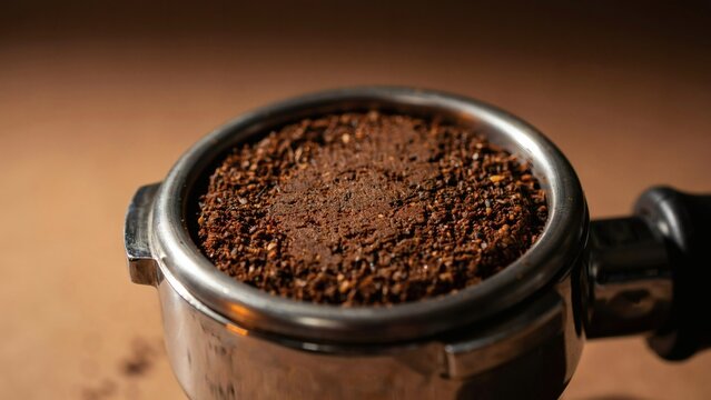 Freshly ground coffee beans tamped inside a stainless steel portafilter for espresso preparation with packed metallic portafilter warm directional lighting
