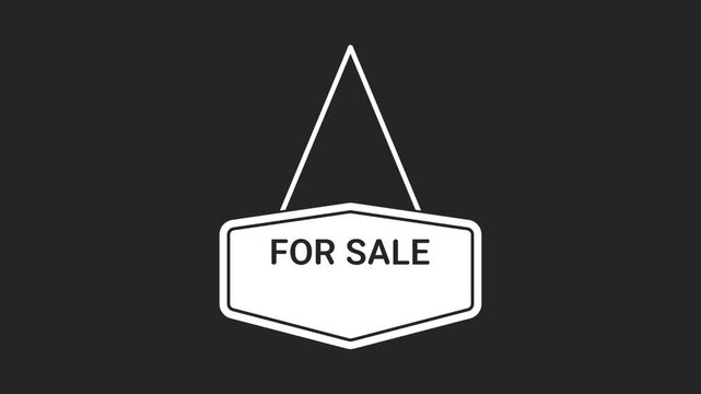 Simple white sign hangs against black background. Sign shows clear "For Sale" text, minimalist design. Ideal for real estate, business, or advertising use