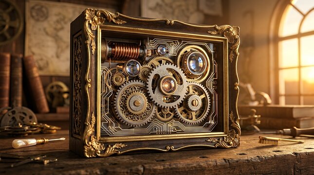 Intricate Steampunk Device with Brass Gears and Integrated Circuit Patterns in a Vintage Inventor Workshop, Conceptual Blend of Historical Craftsmanship and Modern Electronic Technology