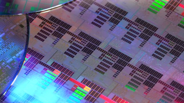 High-tech Macro Photography of a Colorful Silicon Wafer with Microchip Patterns for AI Hardware and Semiconductor Industry Concept.