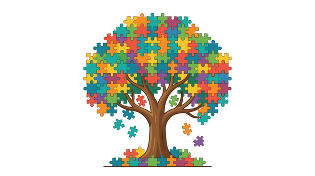 Conceptual illustration of a tree with a canopy made of colorful interlocking puzzle pieces, some pieces falling to the ground, isolated on a white background for design.