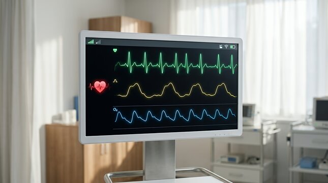 Medical heart rate monitor displaying vital signs and ECG electrocardiogram waves on a high-definition screen in a modern bright hospital or clinical healthcare setting for patient care.