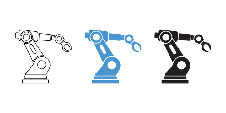 Set of industrial robot arm vector icons in outline blue and solid black styles