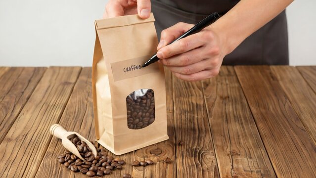 Person writing label on paper coffee bean bag standing on rustic wooden table surface with filled roasted coffee person using black black marker write