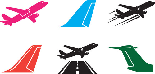 Collection of six colorful airplane and tail fin showing flight paths, runway approaches, and various aircraft silhouettes in motion © RobiulIslam