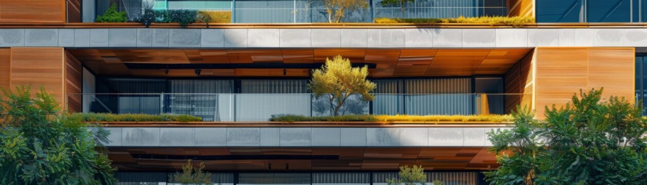 Eco-friendly building. Sustainable office building with garden on balconies for reducing carbon dioxide. Office building with green environment. Corporate building reduce CO2. Net zero building.