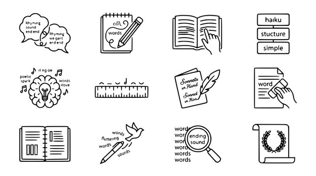 Creative Writing Icons: Poetry, Haiku, Words, Rhyme, and Literature