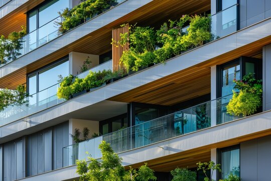 Eco-friendly building. Sustainable office building with garden on balconies for reducing carbon dioxide. Office building with green environment. Corporate building reduce CO2. Net zero building.