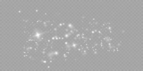 Plakat White sparkling glitter and glowing bokeh lights overlay on transparent background. Falling magic dust and stardust particles banner for Christmas and holiday design