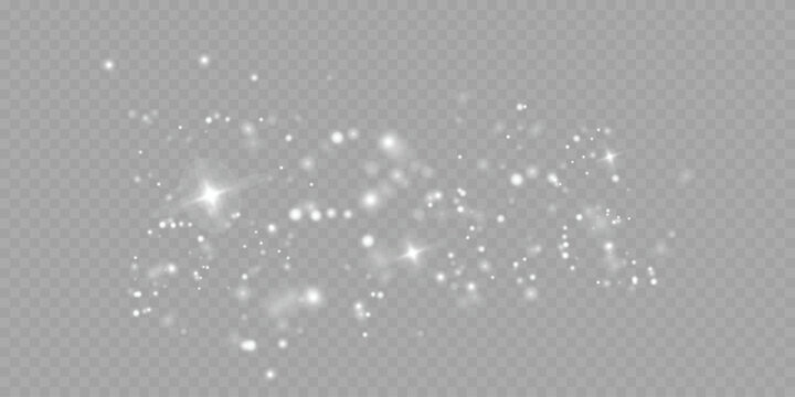 White sparkling glitter and glowing bokeh lights overlay on transparent background. Falling magic dust and stardust particles banner for Christmas and holiday design