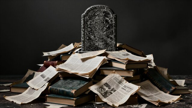 Books pile up like a graveyard, with a tombstone marking their end.