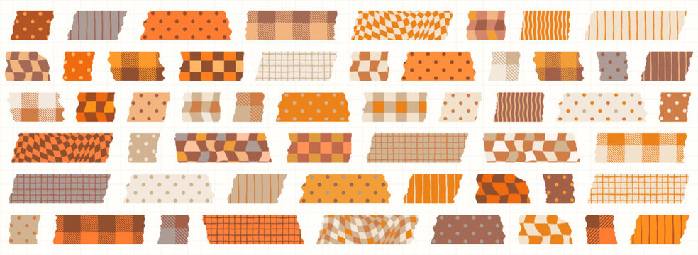 Orange and brown autumn paper washi tape vector set, cute torn masking tape pieces graphic design elements for fall journaling, scrapbooking and collage